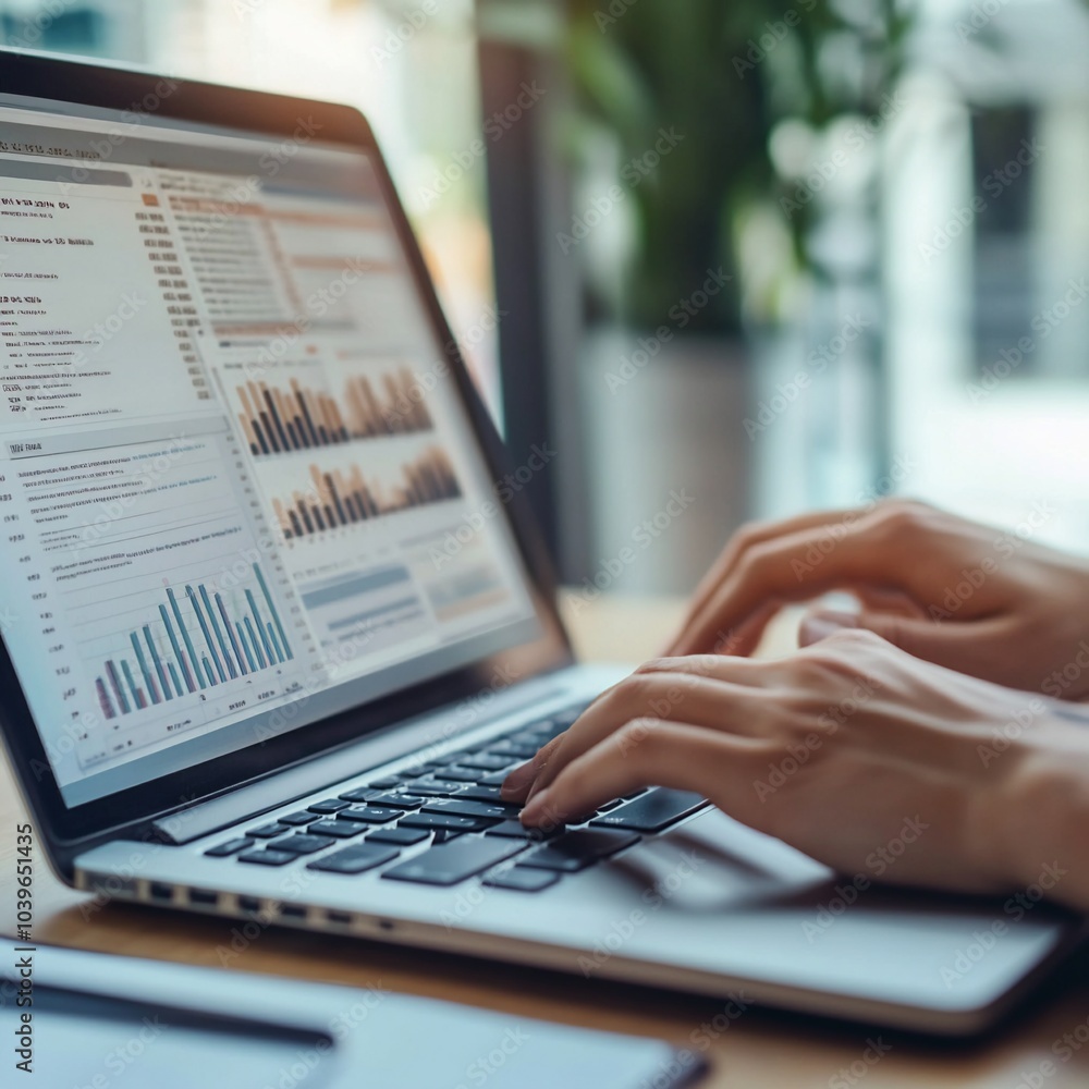Poster person's hands working on a laptop with data analytics and charts on screen.