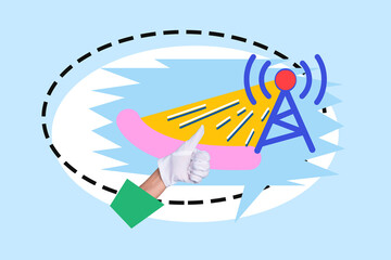 Creative collage picture wifi antenna signal network broadcasting wireless internet access hand body fragment thumb up gesture approval