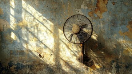 Fototapeta premium Retro electric fan on a faded, distressed wall, sunlight cutting through, highlighting the rustic and aged details of the setting.