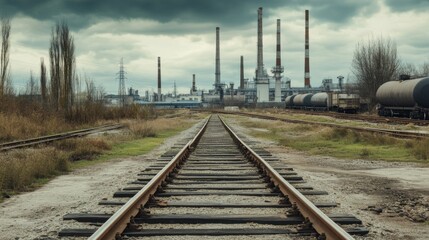 Fototapeta premium Industrial Landscape with Railways Under Cloudy Sky