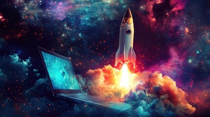 Fototapeta premium Rocket taking off from a laptop, framed by a colorful galactic scene, representing creative breakthroughs in a tech-driven world