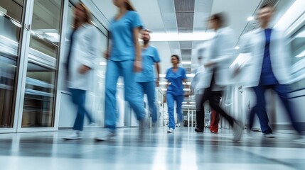 Blurred motion of medical staff walking in a hospital corridor.