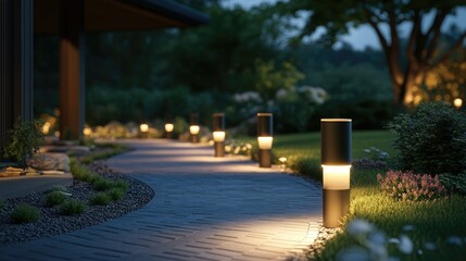Row of modern outdoor lights on a curved garden path, soft light at night creating a welcoming and well-designed space.