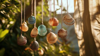 Fototapeta premium Seashell wind chimes in various shades hanging outdoors, casting playful shadows in the sunlight, reminiscent of beach days