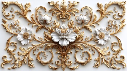 Ornate golden Baroque filigree featuring intricate floral scrolls decorative leaf patterns set against a white backdrop with detailed vintage elements evoking regal historical elegance