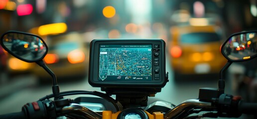 Close up of a GPS device mounted on a motorcycle with a map displaying in a busy urban city.