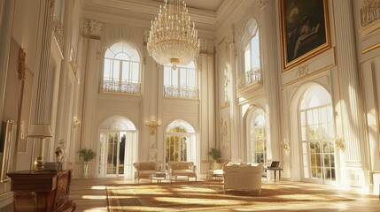 Spacious room with high ceilings and a grand chandelier, sunlight casting soft golden hues, creating a luxurious and inviting atmosphere.