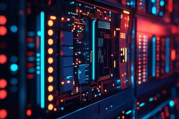 Abstract Futuristic Technology Background with Circuit Board Neon Lights and Digital Data