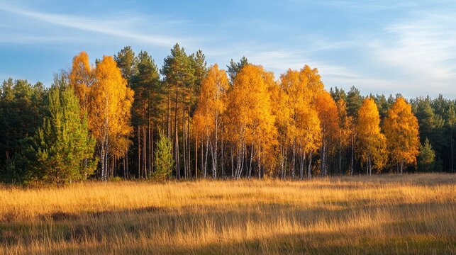 Vibrant autumn landscape featuring golden and red foliage trees reflecting in a tranquil lake under a clear blue sky, capturing the essence of fall in nature's breathtaking scenery