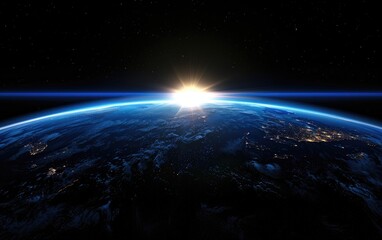 The sun rises over the earth in space with a lens flare