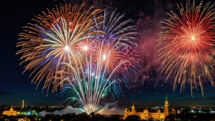 A colorful firework display explodes over a city skyline at night.