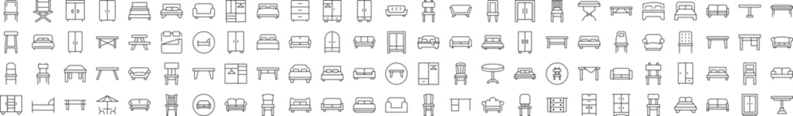 Collection of Signs of Wardrobe, Bed, Sofa, Table, Chair Drawn with Thin Line for apps, web sites, banners, infographics and other types of design