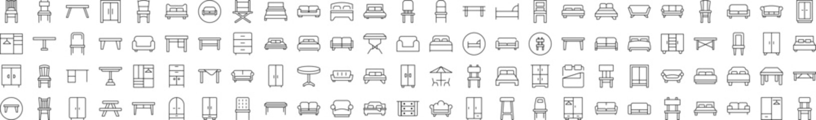 Collection of Icons of Wardrobe, Bed, Sofa, Table, Chair Drawn with Thin Line for apps, web sites, banners, infographics and other types of design