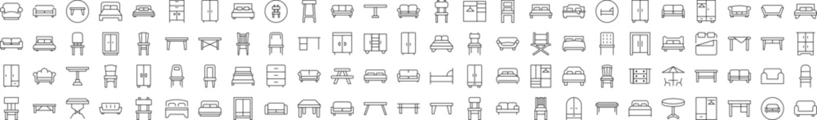 Collection of Line Icons of Wardrobe, Bed, Sofa, Table, Chair Drawn with Thin Line for apps, web sites, banners, infographics and other types of design