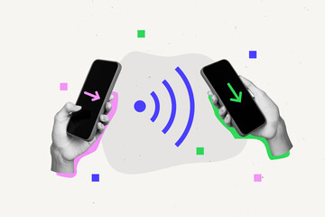 Composite photo collage of hands hold phone devices wifi connection arrow send transfer technology isolated on painted background