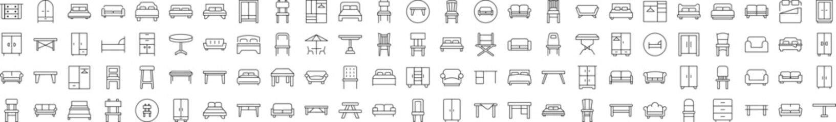 Collection of Images of Wardrobe, Bed, Sofa, Table, Chair Drawn with Thin Line for apps, web sites, banners, infographics and other types of design