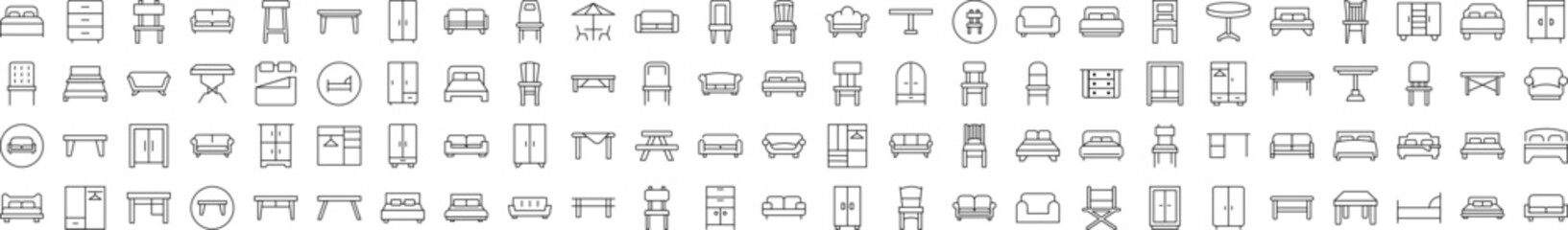 Collection of Outline Symbols of Wardrobe, Bed, Sofa, Table, Chair Drawn with Thin Line for apps, web sites, banners, infographics and other types of design