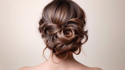 Naklejka premium Elegant woman with radiant vintage curls styled in a glamorous updo, exuding timeless beauty and sophistication.