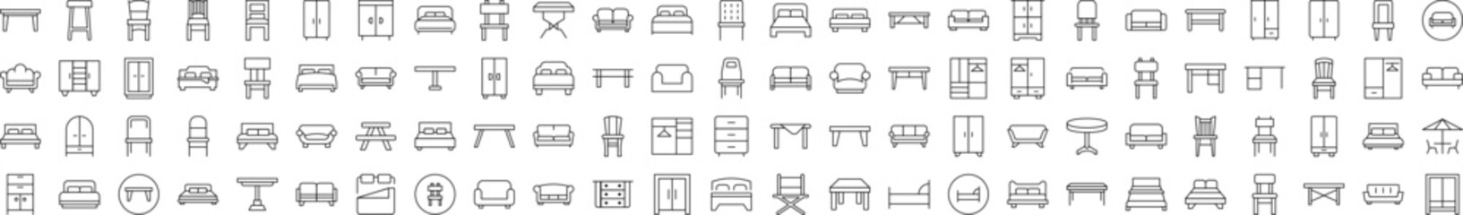 Collection of Outline Signs of Wardrobe, Bed, Sofa, Table, Chair Drawn with Thin Line for apps, web sites, banners, infographics and other types of design