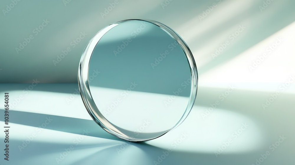 Poster symmetrical view of a glass mirror positioned on a smooth surface, showing precise reflections and c