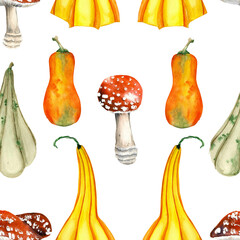 Seamless pattern with pumpkins and fly agarics