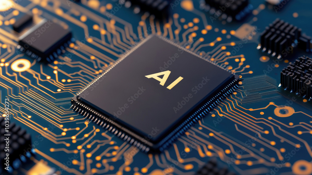 Poster ai microchip design, aerial perspective of a microchip featuring the letters ai, showcasing intricat