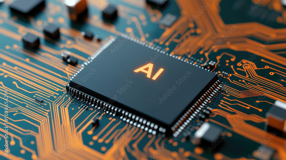 Poster ai microchip overview, intricate design showcasing an advanced microchip with ai lettering, highligh