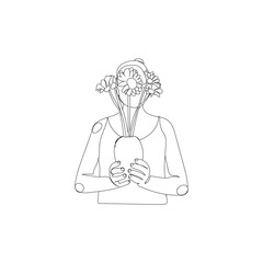Dessin en ligne continue d'une femme tenant un vase contenant des fleurs, line art, vecteur