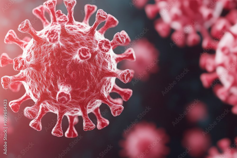 Poster close-up of a virus in motion, showcasing intricate details of its structure, emphasizing microbiolo