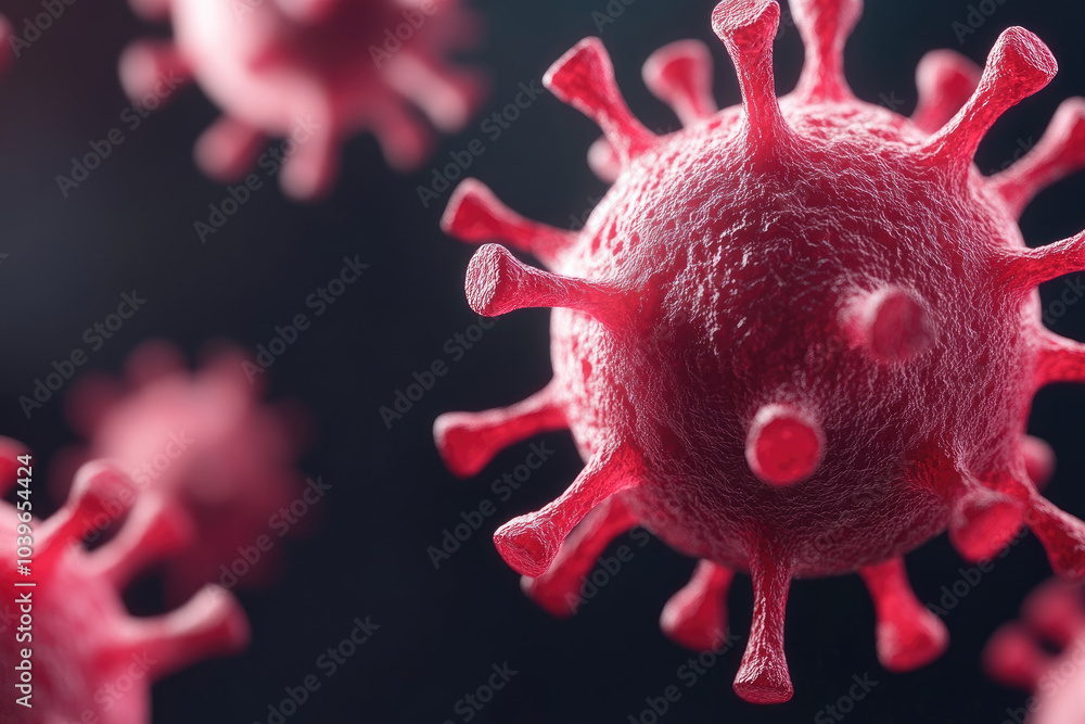 Poster close-up of a virus, showcasing intricate structures and movements, emphasizing microbiology and vir