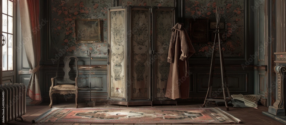 Poster a hall interior featuring a folding screen and a coat rack with space available for adding images. w