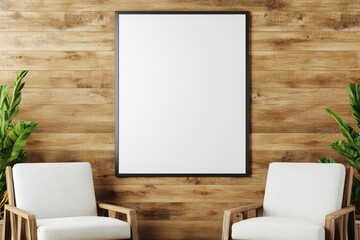 Fototapeta premium Modern waiting room, minimalist design, white walls, empty poster space, two comfortable armchairs, inviting atmosphere, serene ambiance