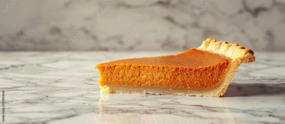 Poster a delicious slice of pumpkin pie on a marble surface with a spacious background for text logos or ot