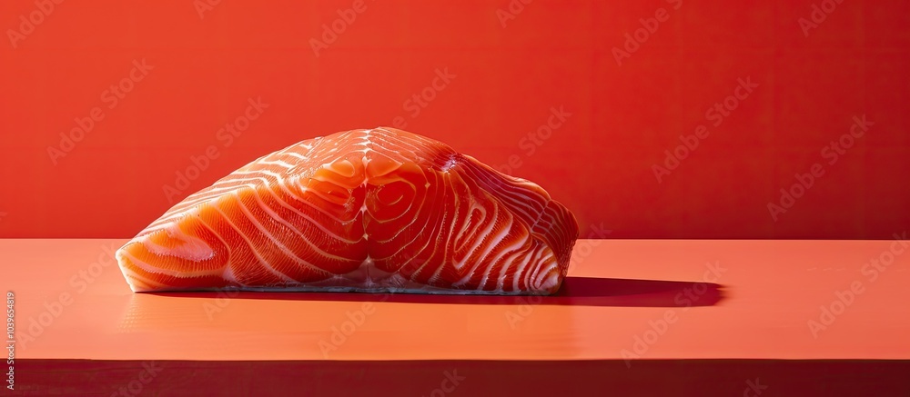 Poster salmon fillet displayed on a table with a red background creating a food image with copy space for t