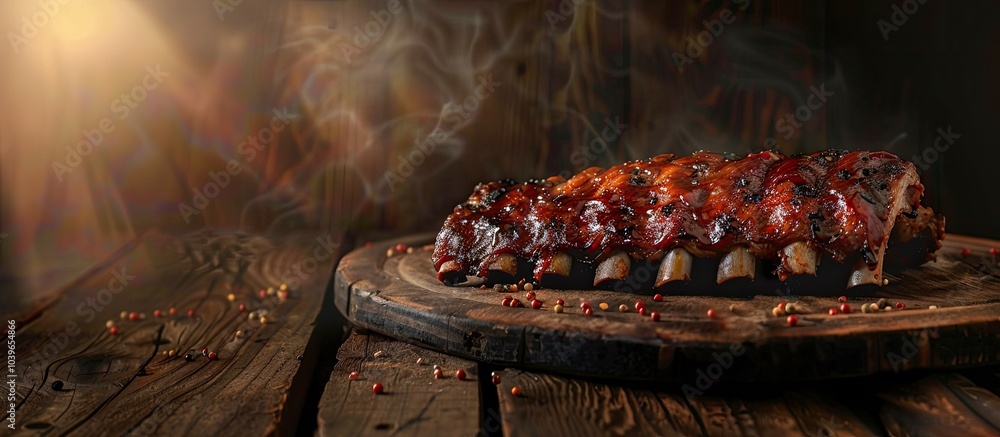 Poster barbecue pork ribs on a rustic table as appetizing copy space image