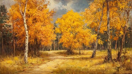 Fototapeta premium Vibrant autumn landscape featuring golden and red foliage trees reflecting in a tranquil lake under a clear blue sky, capturing the essence of fall in nature's breathtaking scenery