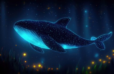 Dreamlike whale is floating in the ocean full of lights