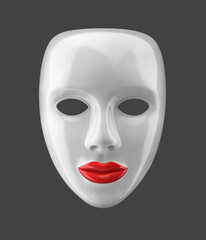 Glossy theatrical mask with red lips. Fashion face mask isolated on gray background