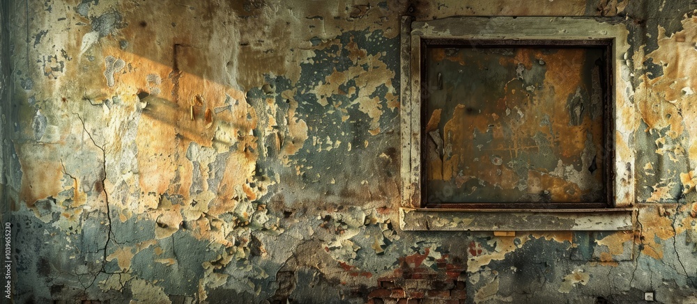 Aufkleber an aged photograph in a frame depicting a weathered stained wall illustrating the passage of time an