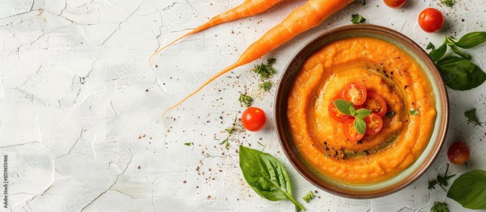 Aufkleber top view of a ceramic bowl with carrot puree soup garnished with fresh carrots and tomatoes displaye