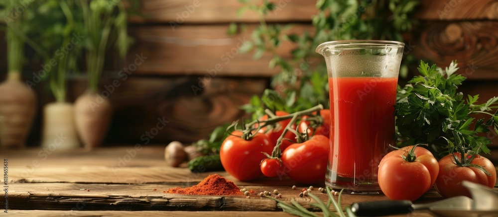 Poster fresh vegetables spices and a glass jug of tasty tomato juice displayed on a wooden table with ample