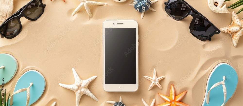 Poster top view of a mobile phone surrounded by beach accessories like sunglasses and flip flops on a beige