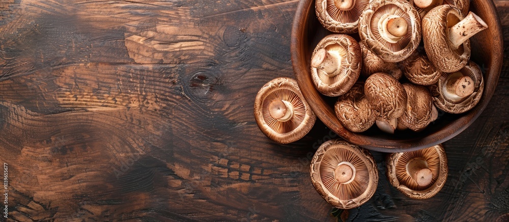 Poster dried shiitake mushrooms arranged as a meal or snack on a table with a food background and copy spac