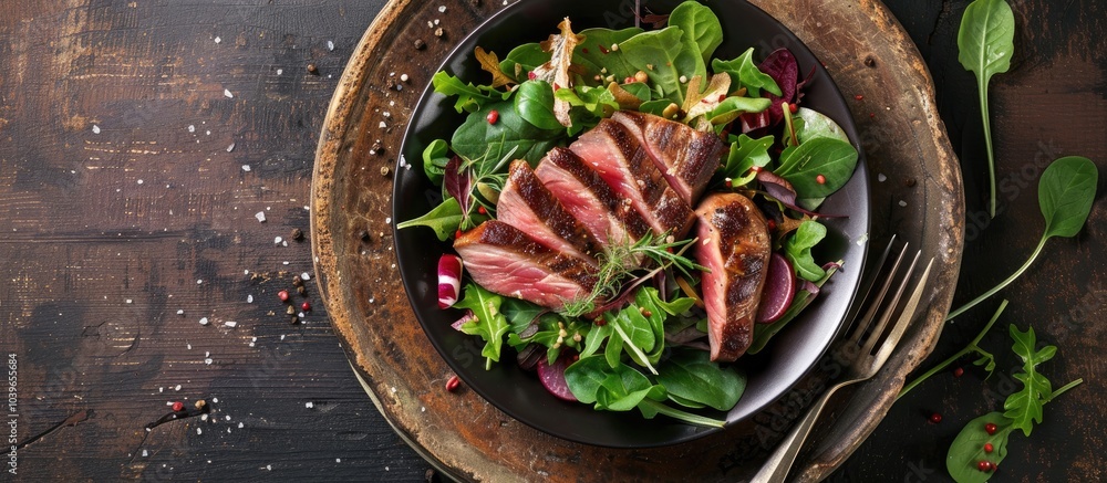 Poster top view of a fresh duck breast salad on a rustic table background with copy space image