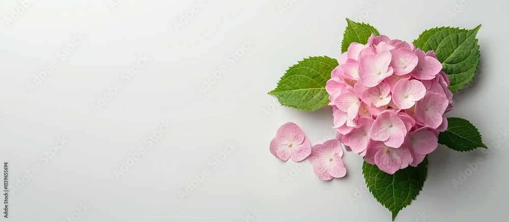 Poster top view pink hydrangea flower against a white background with a blank space for text ideal for flat