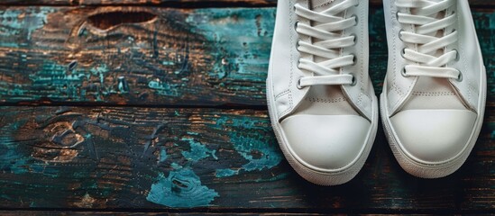 Sporty women s sneakers on a rustic dark wood table background with ample copy space image