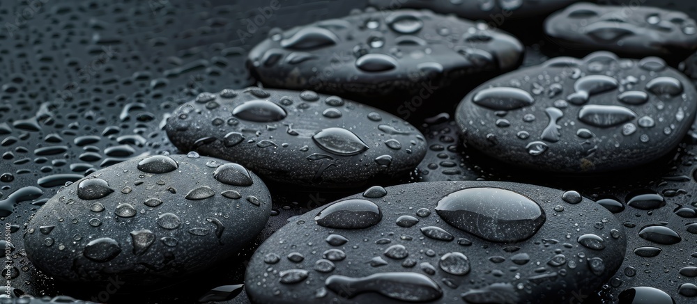 Poster close up of grey spa stones with water drops on a black backdrop suitable for text placement in the 