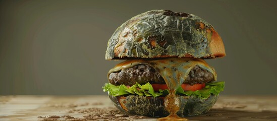 An image showing a close up of a moldy burger bun with a food safety label in the copy space image
