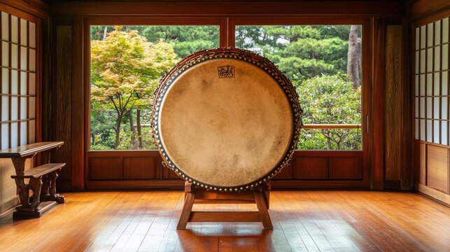 Traditional Japanese Drum in Serene Interior Setting