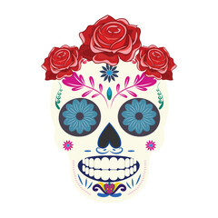 Decorated skull with flowers, leaves in Mexican touch, featuring roses on top